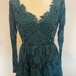 Tobi Forest Green Off-the-Shoulder Lace Mini Dress